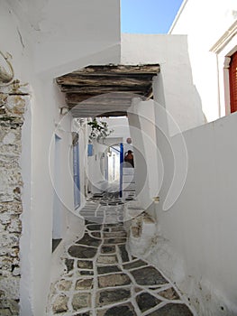 Crooked street at Kastro, an ancient city at Sifnos Island