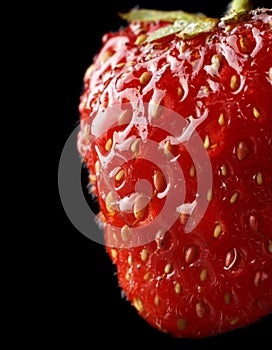 Crooped macro view strawberry isolated on black background