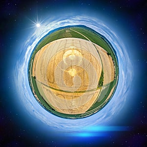 crop circles at Alsace France as a little planet panorama