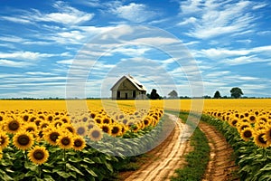 crop circles in a sunflower field with a farmhouse in the distance