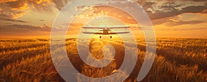 Crop duster plane flying over wheat field, farm airplane in cloudy sky on sunset. Agricultural cropduster machine