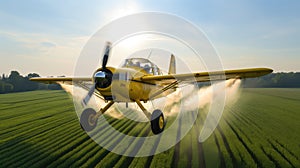 Crop Duster plane spraying crops. Spraying chemicals for accelerated crop growth. Dirty agribusiness