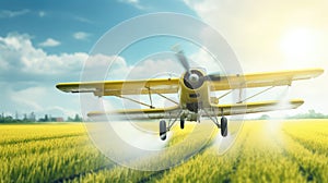 Crop Duster plane spraying crops. Spraying chemicals for accelerated crop growth. Dirty agribusiness