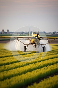 Crop Duster plane spraying crops. Spraying chemicals for accelerated crop growth. Dirty agribusiness