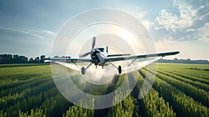 Crop Duster plane spraying crops. Spraying chemicals for accelerated crop growth. Dirty agribusiness