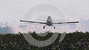 Crop duster spraying chemicals over a cotton field - slow motion