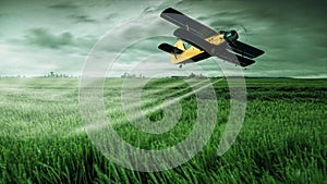 A crop dusting plane working over a field