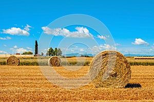 Crop field in Spain with round straw bales after harvesting