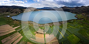 Crop fields in the Peruvian Andes Paca lake in Junin