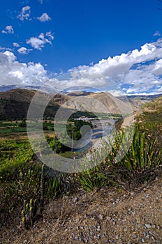 crop fields and rio santa in callejon de huaylas with snowy mountain in the background cactus photo