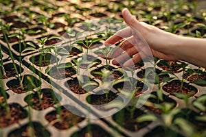 Crop hand touching seedlings on hydroponics farm