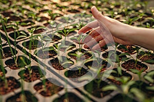 Crop hand touching seedlings on hydroponics farm photo