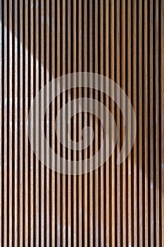 Crop of luxury room wall decorated with panels made of natural wood. Vertical timber slats texture used in minimalistic