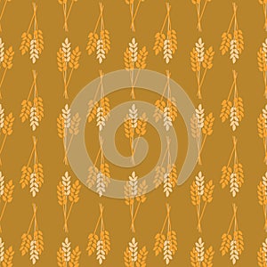 Crop Oat Wheat Barley Rye plant seamless vector background. Stylized autumn nature illustration. Orange yellow gold