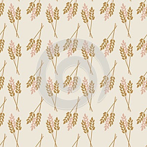 Crop Oat Wheat Barley Rye plant seamless vector background. Stylized autumn nature illustration. Pink brown gold