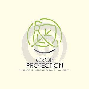 Crop protection logo with green leaf symbol in the middle of picture.