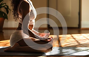 Crop shot of an African American young woman practicing yoga in meditation pose. Wellness at home concept. Copy space