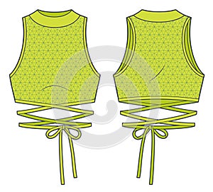 Crop Top technical fashion Illustration.Tie Top fashion flat technical drawing template, round neck, front knot, slim fit, front