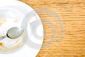 Crop and Top view of Stain of coffee in white cups and coffee spoon with saucer on wooden table