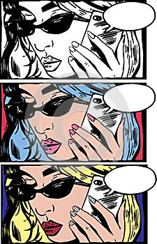 Crop vector image of young beautiful woman in pop art and comics style talking by cellphone.