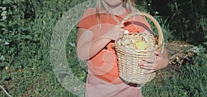 Crop view of a girl holdin a basket with forest mushrooms