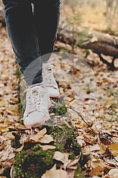 crop view of woman legs walking along the tree trunk. autumn in the forest, local travel, spending time in a park