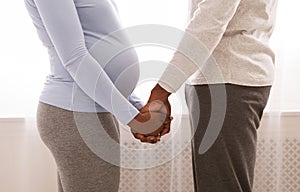 Cropped of black pregnant couple holding each other hands