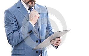 cropped businessman signing contract on folder documents isolated on white, check contract.