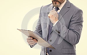 cropped businessman signing contract on folder documents isolated on white, check contract.