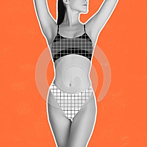 Cropped bw slim female body in checkered underwear over orange background. Beauty, fitness, massage concept