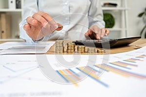 Cropped close up analysis accountant banker economist or financier lady in her formal wear shirt she sit behind table in bright l