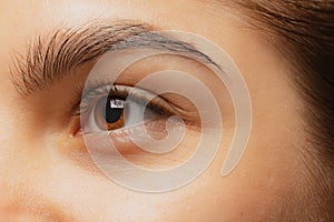 Cropped close-up image of female beautiful brown eyes looking left side isolated over white studio background