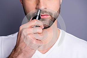 Cropped close up photo amazing he him his macho hairless process buy buyer new hand novelty ready remove nose ear hair