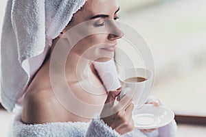 Cropped close up photo of attractive pretty woman drink aromatic espresso coffee after spa resort bath at home