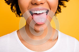 Cropped close up photo beautiful amazing she her dark skin lady beaming whitening toothy smile tongue out perfect mouth