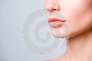 Cropped close up photo of beautiful woman`s lips with shape corr