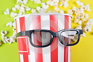 Cropped close up photo of behaving like a human confident nice trend bag with popcorn wearing black 3d specs isolated over vivid photo