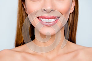 Cropped close-up portrait of attractive lady with perfect lips teeth professional medical care renovation isolated over
