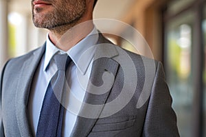 Cropped close-up portrait of elegant, stylish mature businessman in formal wear. Perfectly fitted grey suit, white shirt