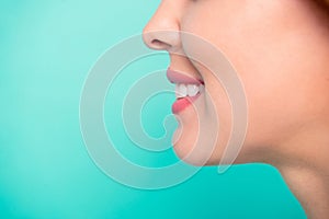 Cropped close-up profile side view portrait of her she nice adorable perfect healthy white cheerful cheery wavy-haired