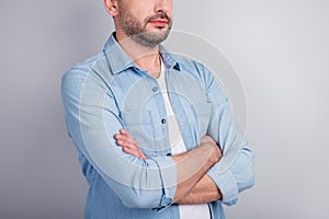 Cropped close-up profile side view portrait of his he nice attractive serious content virile guy executive worker