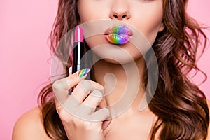 Cropped close-up shot portrait of nice gorgeous glamorous charming lady with amazing colorful tube pink pomade lips