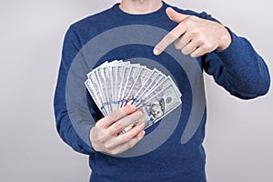 Cropped close-up studio photo of confident luck lucky student demonstrating lot of money getting salary for part time job isolated