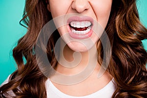 Cropped close-up view portrait of her she cheeky naughty crazy wavy-haired girl grinning teeth freaking out isolated