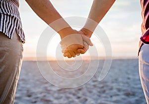 Loving lesbian couple holding hands on a beach at sunset