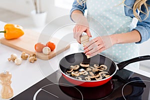 Cropped closeup photo of house wife hands add spices frying pan grill mushrooms meal cooking tasty dinner lunch