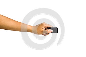 Cropped of a female hand holding black remote control isolated on white background include clipping path