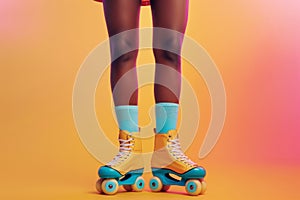 cropped female legs in rollerskates  on bright plain background in studio, female wearing roller blades on