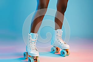 cropped female legs in rollerskates isolated on bright plain background in studio, female wearing roller blades on