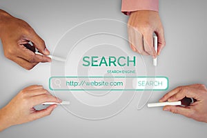 Composite image of cropped hands of people holding chalks